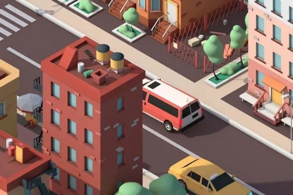 卡通低多边形城市建筑道路C4D模型