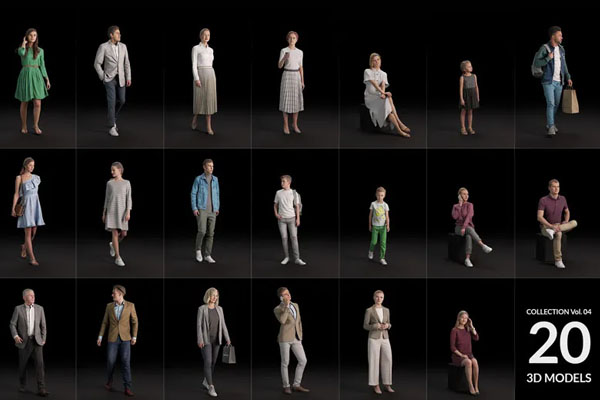 20款休闲购物行走的男人女人和小孩人物3D/C4D模型